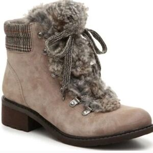 Sam Edelman Darrah Suede Combat Boots grey & tan Faux Fur & Plaid Features sz 9